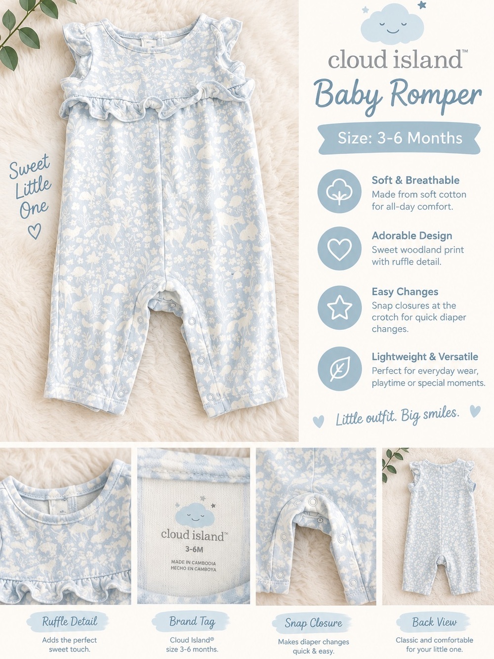 cloud island Light Blue Woodland Ruffle Baby Romper